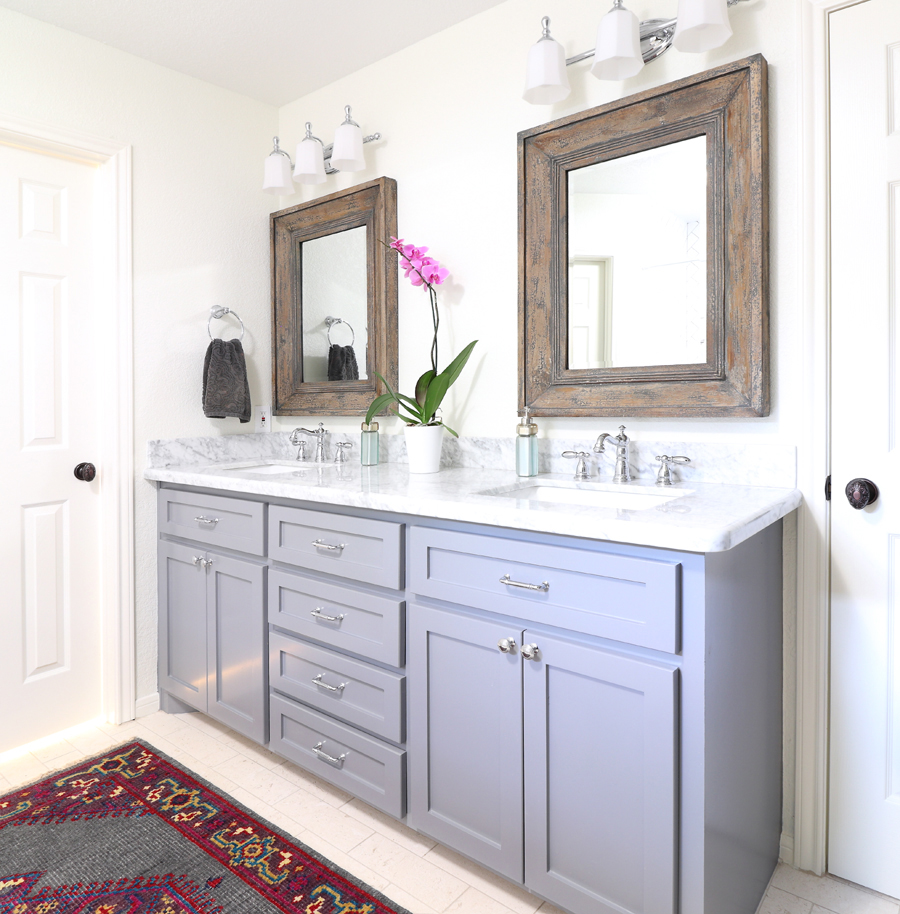 Lake Jackson bathroom remodel - gray painted vanity, marble countertop