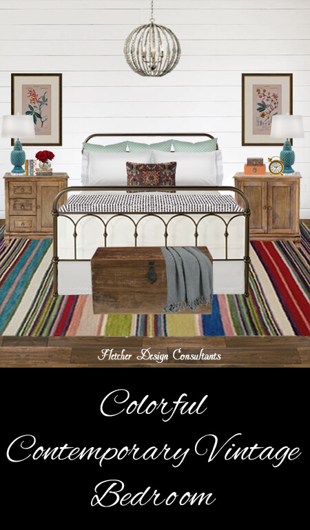 Colorful Contemporary Vintage Bedroom - metal bed, rug, wood floors, shiplap, farmhouse, lamps, chandelier